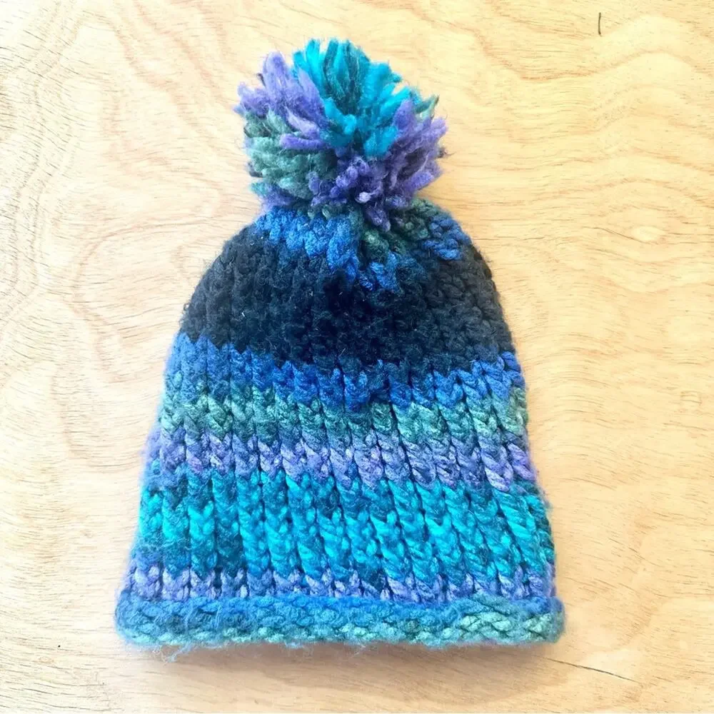 Hand Knit Infant Pom Pom Beanie | Blue Teal Purple | 0–12 Months